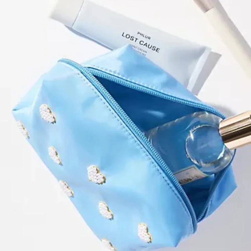 Anthropologie Blue Heart Makeup Bag Cosmetic Pouch Travel Organizer NWT